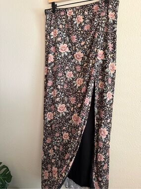 Black Floral Maxi Skirt with Pink Blooms and Side Slit